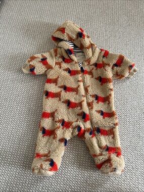 Boden Beige Sherpa Hooded One-Piece with Red and Navy Dog Print